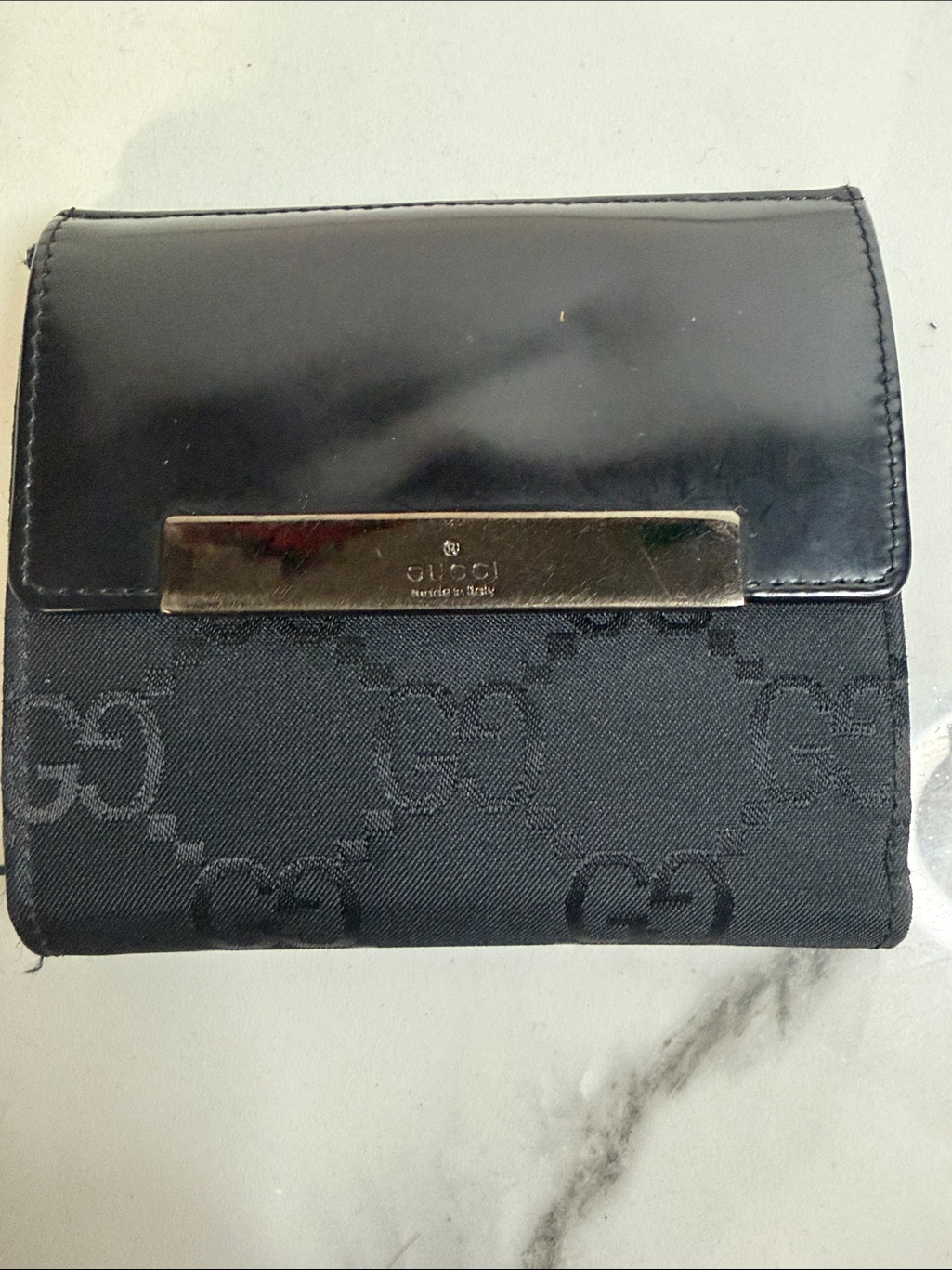 Vintage Authentic Gucci Gg Canvas Black Leather Bifold Womens Wallet Italy
